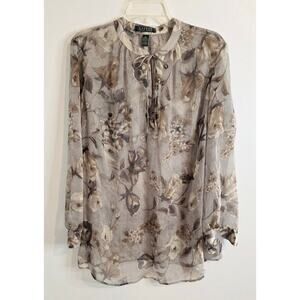 Lauren Ralph Lauren Long Sleeve Pull Over Women Top Sheer Chiffon Brown Size 1X